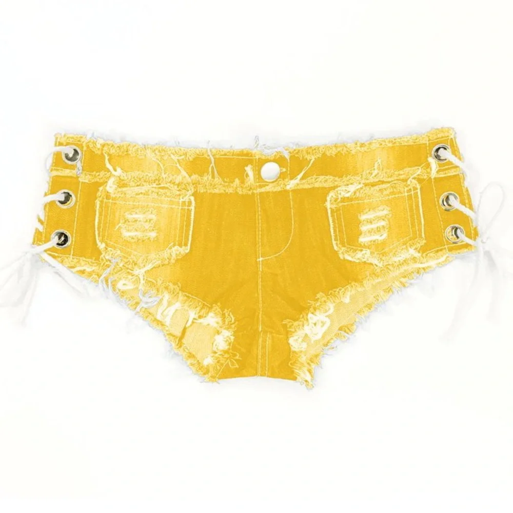 Yellow Short Shorts Sexy Design Shoestrings Lace Up Sides Raw Edge Denim Shorts